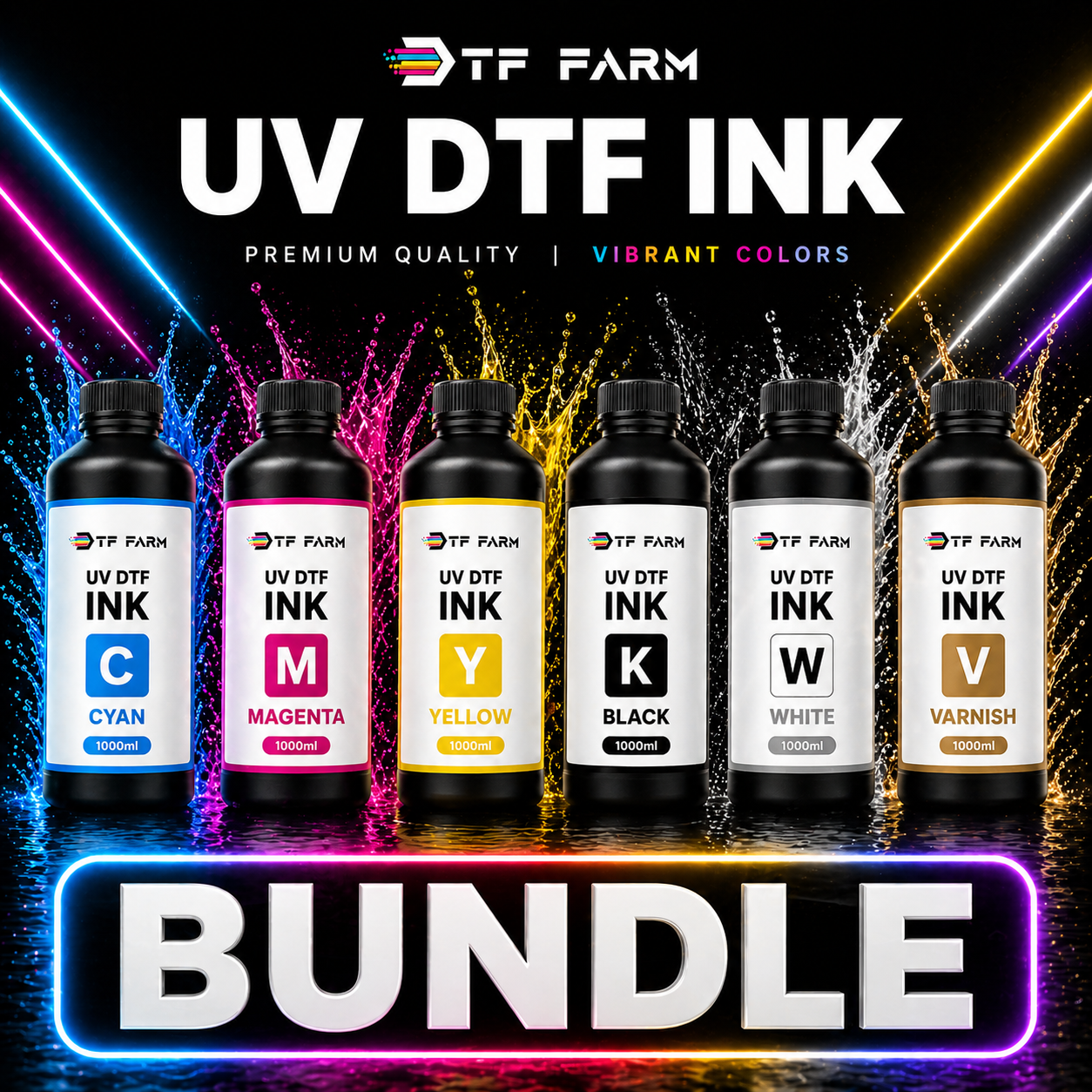UV DTF Ink Bundle – CMYK + White + Varnish (Complete Set)