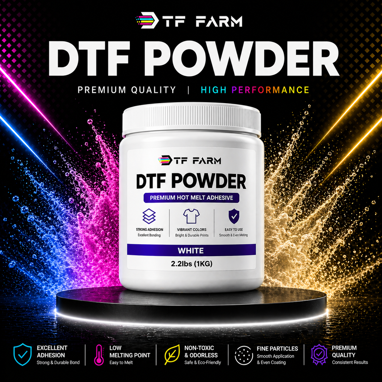 Premium DTF Powder 1kg (2.2lbs) – White Ultra Stretch Adhesive Powder
