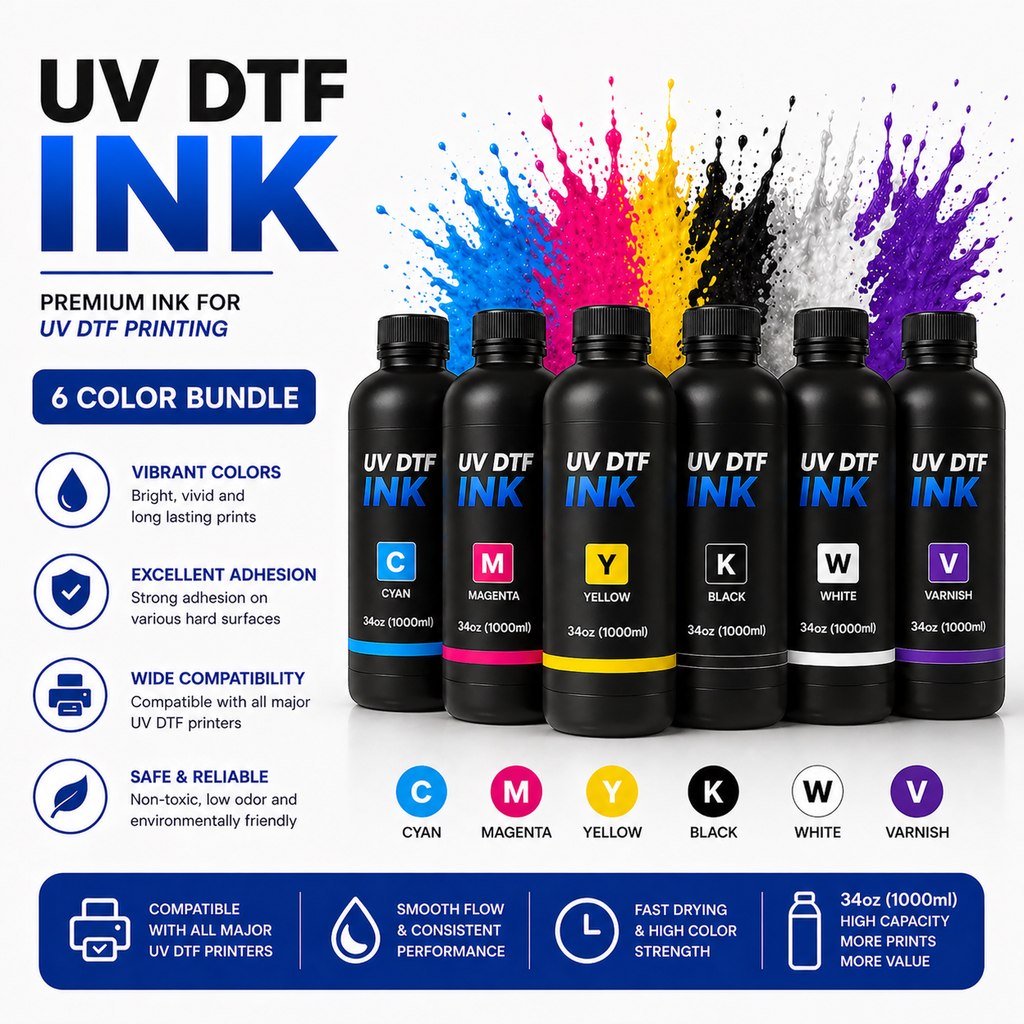UV DTF Ink Bundle – CMYK + White + Varnish (Complete Set)